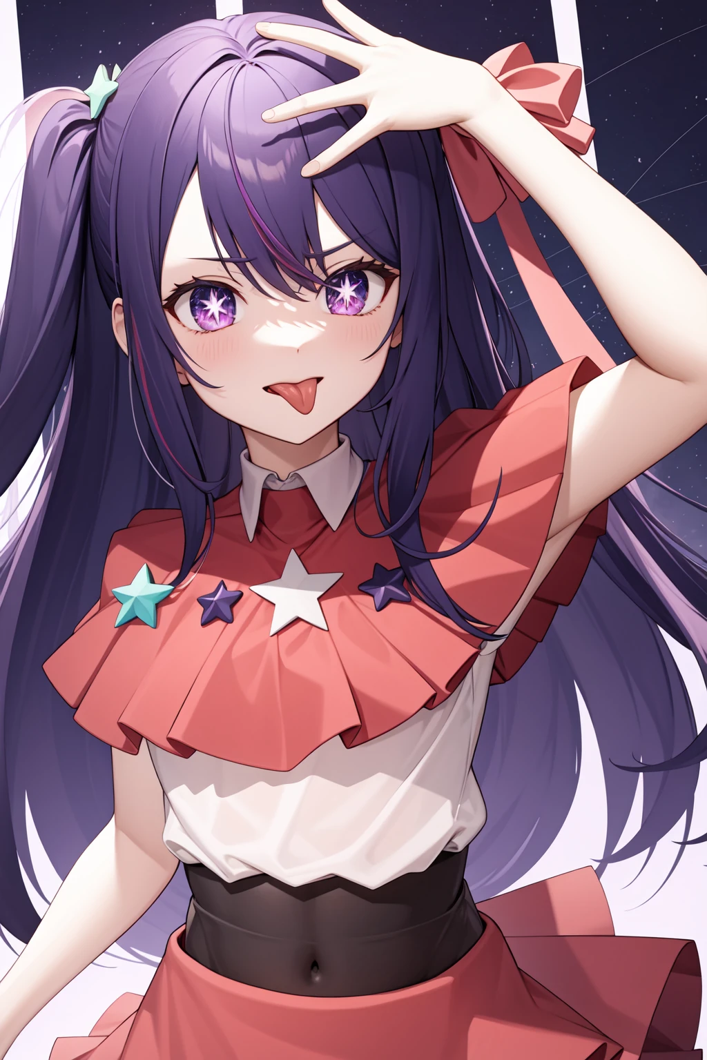 <lora:æéç±:1>, xingyeai,long hair,purple hair,star \(symbol\),idol,virtual youtuber,tongue,, 1girl,
, (masterpiece,best quality:1.2),absurdres