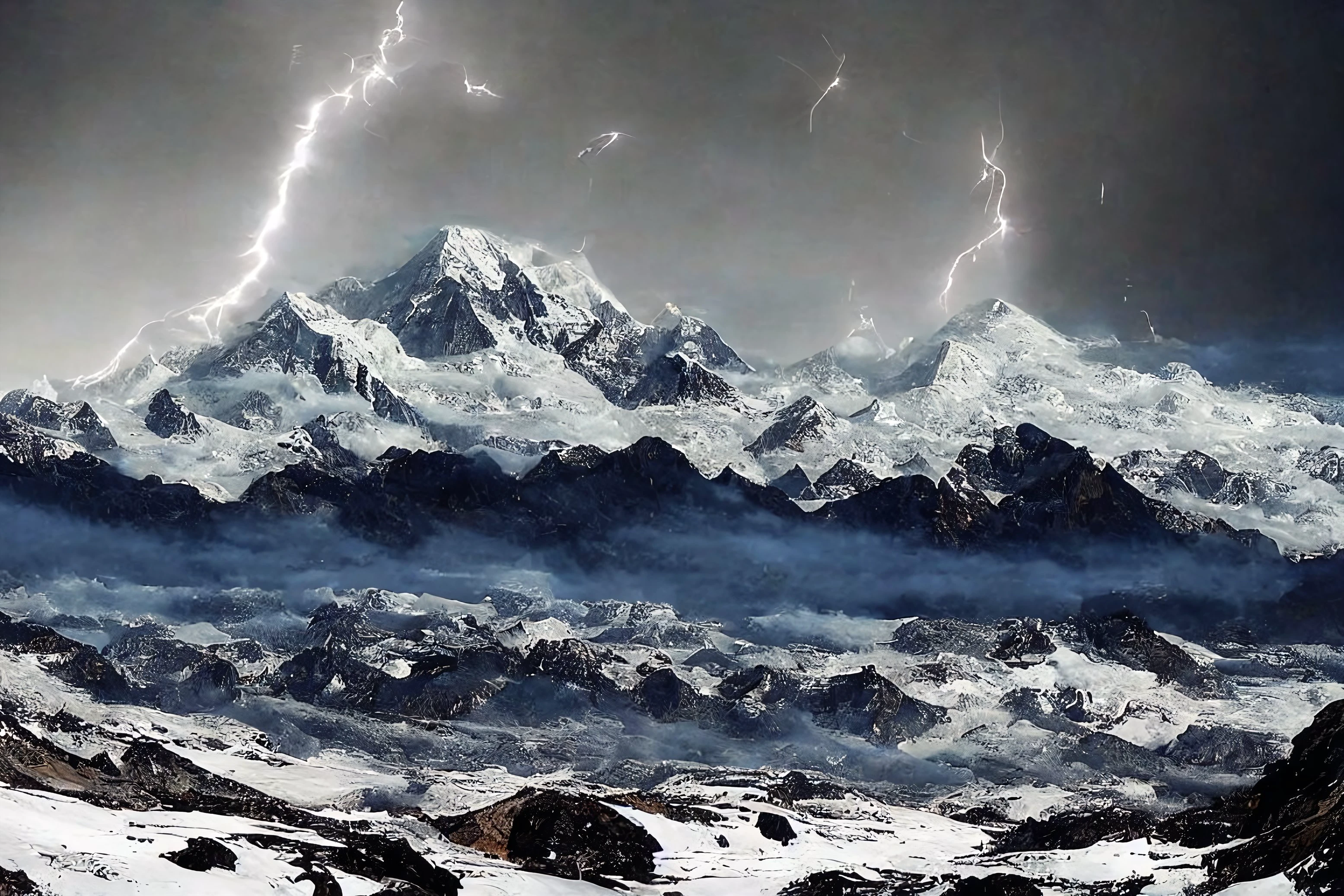 a UFO over Mount Everest, lightning, (no humans:1.9), <lora:MadeJourney:1.0>
