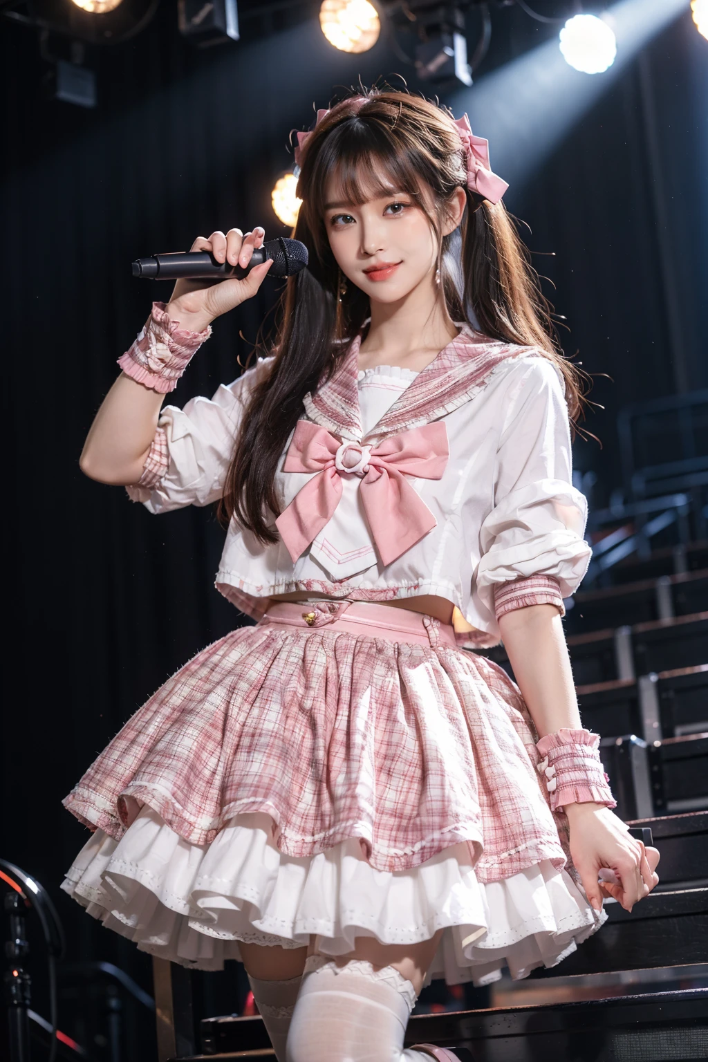 best quality, masterpiece, realistic, photorealistic, 1girl, solo, smile, cowboy shot, standing, low twintails, bangs, smile, idol costume, cyb skirt, cyb shirt, plaid skirt, frilled skirt, idol, wrist cuffs, bow, sailor collar, frills, holding microphone, white thighhighs, shoes, stage in the backgorund, stage lighting, stage spotlight, audience, people, <lora:idol_costume_style7_v1:0.7>