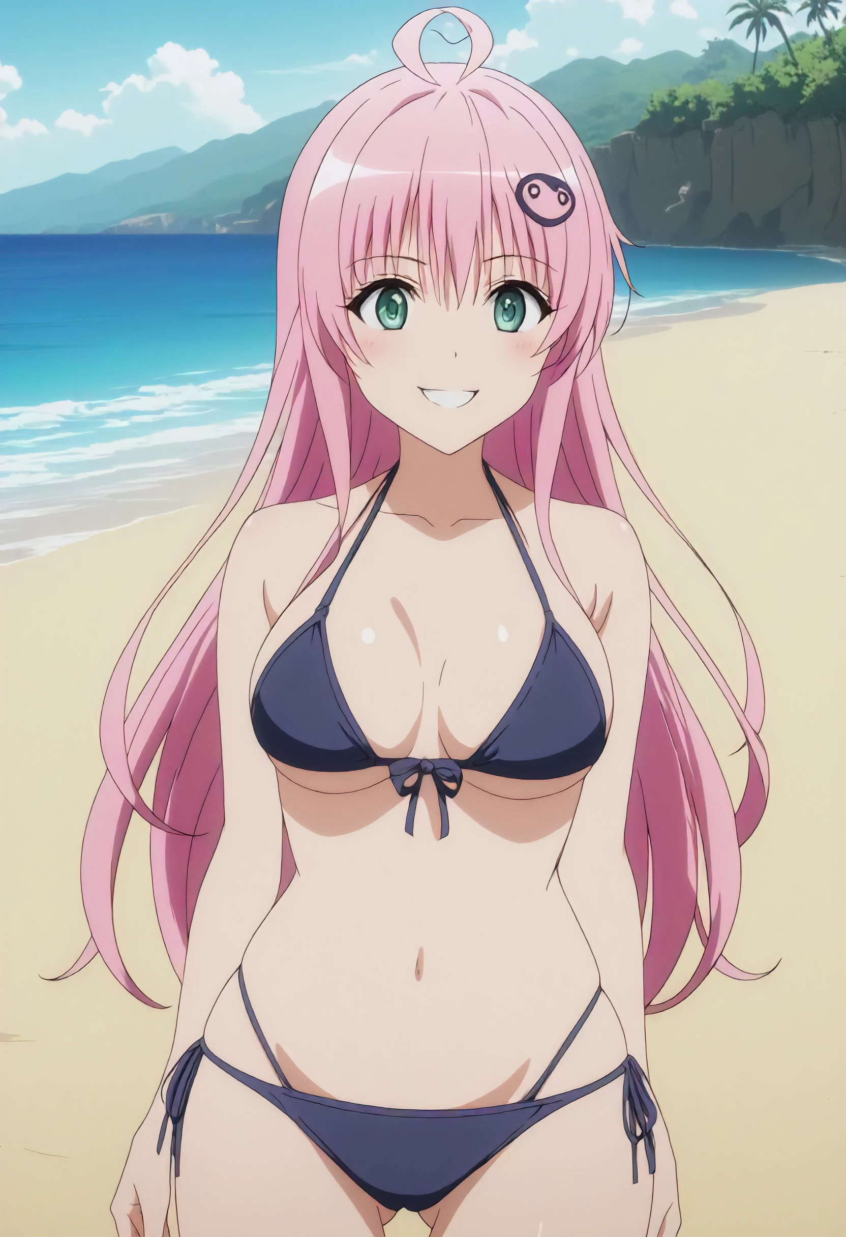 masterpiece, anime screenshot, 1girl, solo, laladeviluke, pink hair, green eyes, nsfw, (bikini.1.2)