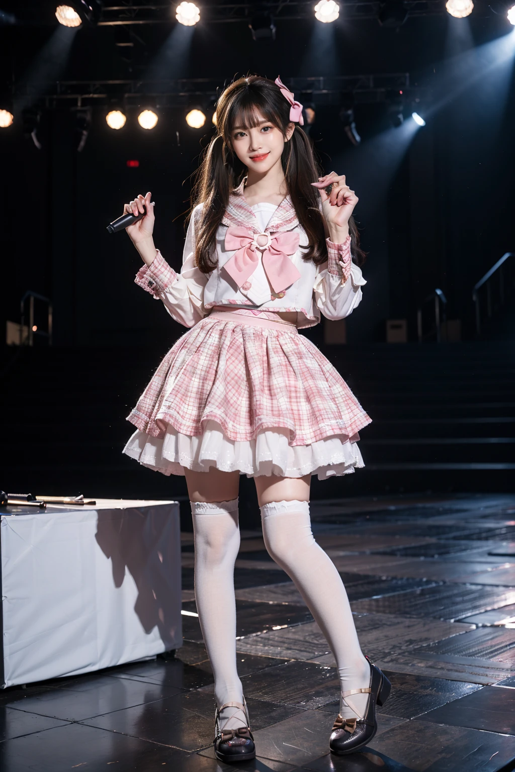 best quality, masterpiece, realistic, photorealistic, 1girl, solo, smile, full body, standing, low twintails, bangs, smile, idol costume, cyb skirt, cyb shirt, plaid skirt, frilled skirt, idol, wrist cuffs, bow, sailor collar, frills, holding microphone, white thighhighs, shoes, stage in the backgorund, stage lighting, stage spotlight, audience, people, <lora:idol_costume_style7_v1:0.7>