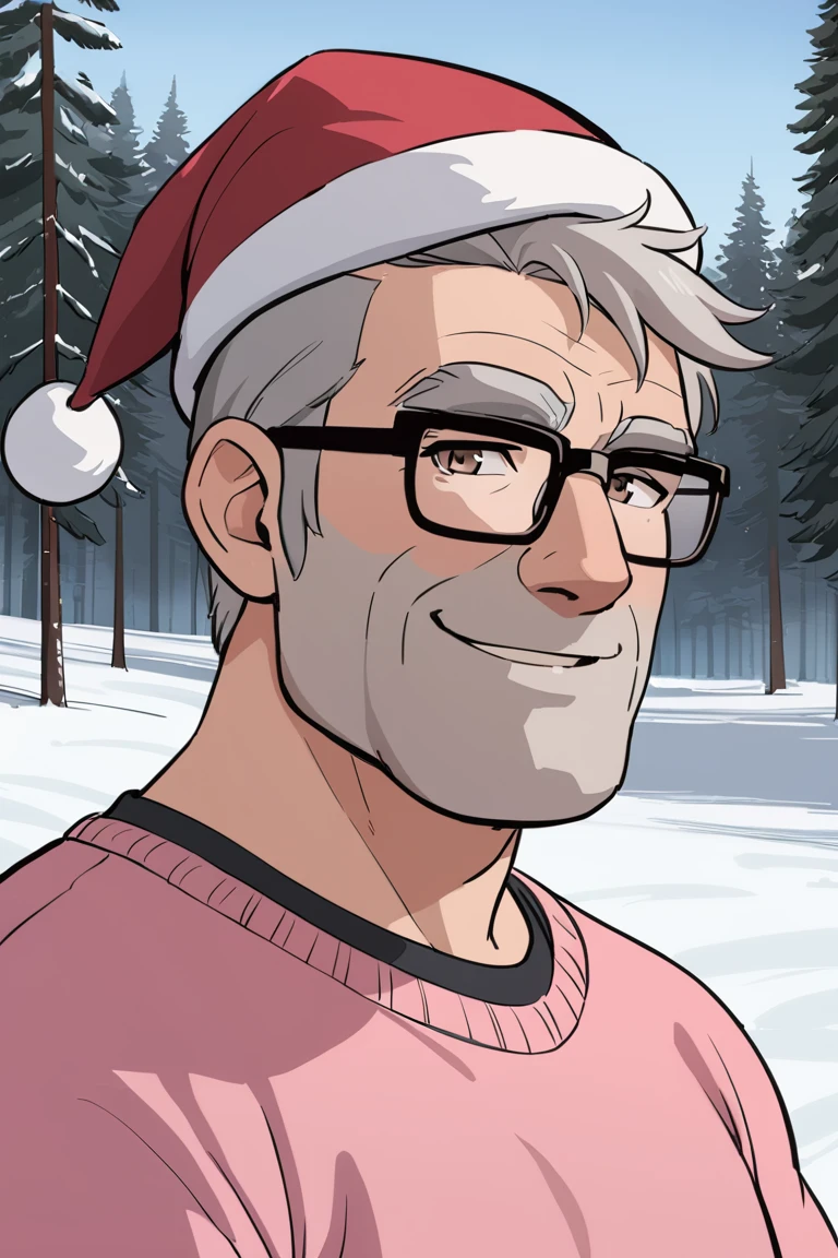 stanpines, solo, male focus, portrait, upper body, mature male, old man, short hair, grey hair, brown eyes, thick eyebrows, glasses, black-framed eyewear, facial hair, stubble, sideburns, smile, santa hat, pink sweater, black pants, fat, arm hair, standing, outdoors, pine forest, winter, snow, masterpiece, best quality <lora:Stanley (Stan) Pines SDXL_LoRA_10r_10e_32i_nr32_a16_Animagine XL V3:0.7>