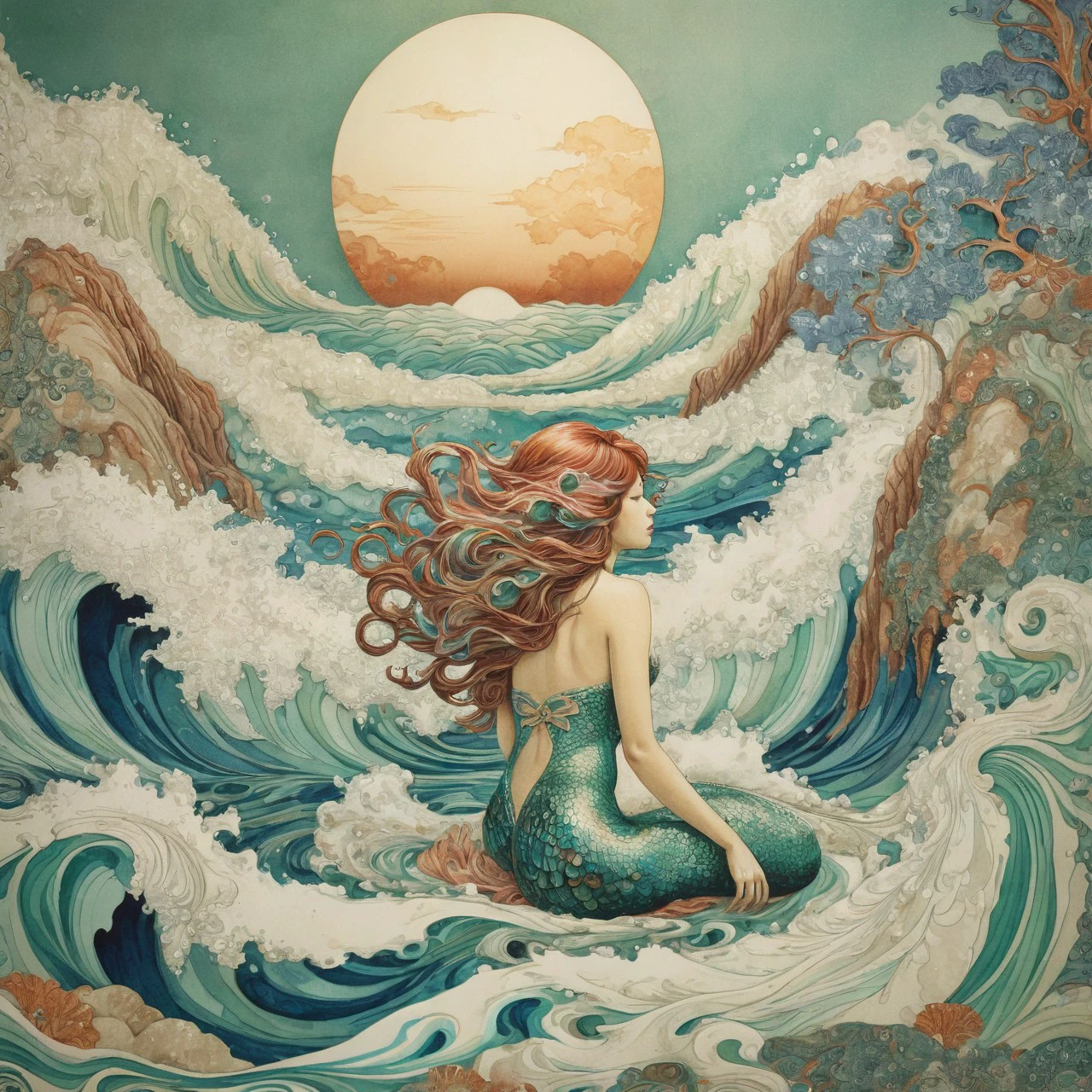 A delicate line art representation of a naked mermaid, gracefully entwined with flowing seaweed and coral. The mermaid's hair cascades in waves, blending with the ocean currents. Intricate details highlight the scales on her tail, while gentle curves and elegant lines evoke a sense of fluidity and movement. Surround the mermaid with a minimalist underwater environment filled with abstract fish and bubbles, creating a tranquil aquatic ambiance.