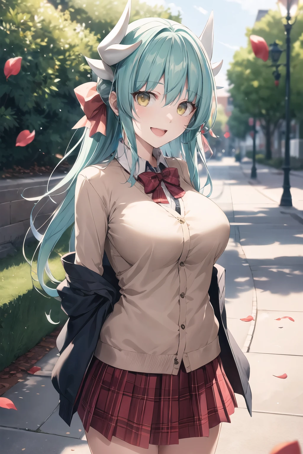 masterpiece, best quality, highres, aakiyo, long hair, aqua hair, white horns, hair bow, yellow bow, yellow eyes, <lora:kiyohime_(lancer)_v1:0.7>, cardigan, plaid skirt, arms behind back, smile, open mouth, petals, outdoors, big breasts ,  <lora:Karory-Style_1150496:1>