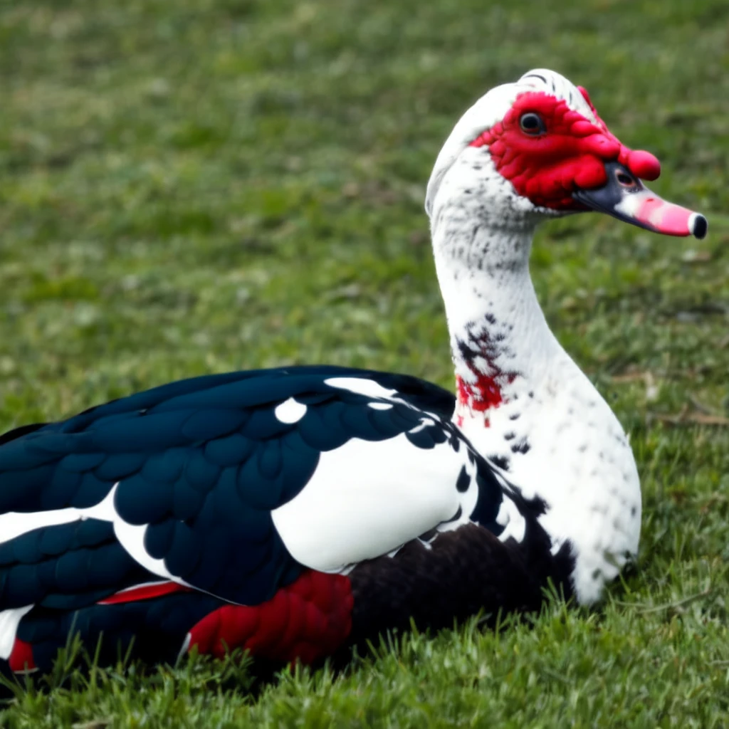 <lora:Muscovy_duck_v1:0.7>, Muscovy duck, from side, on grass,