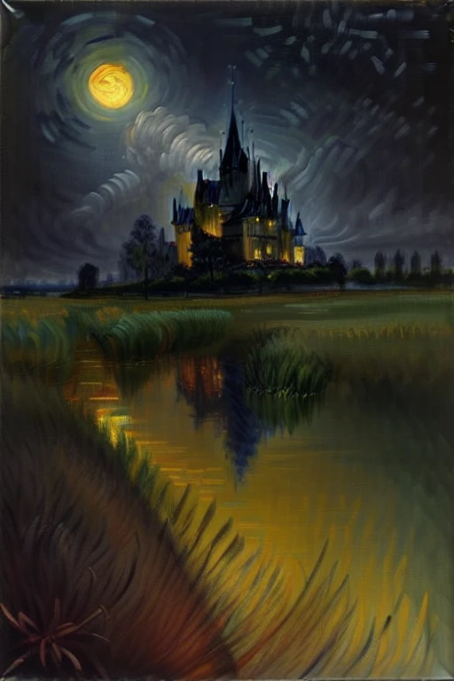 dark, castle, black sky, gloom, oil painting style, golden yellow