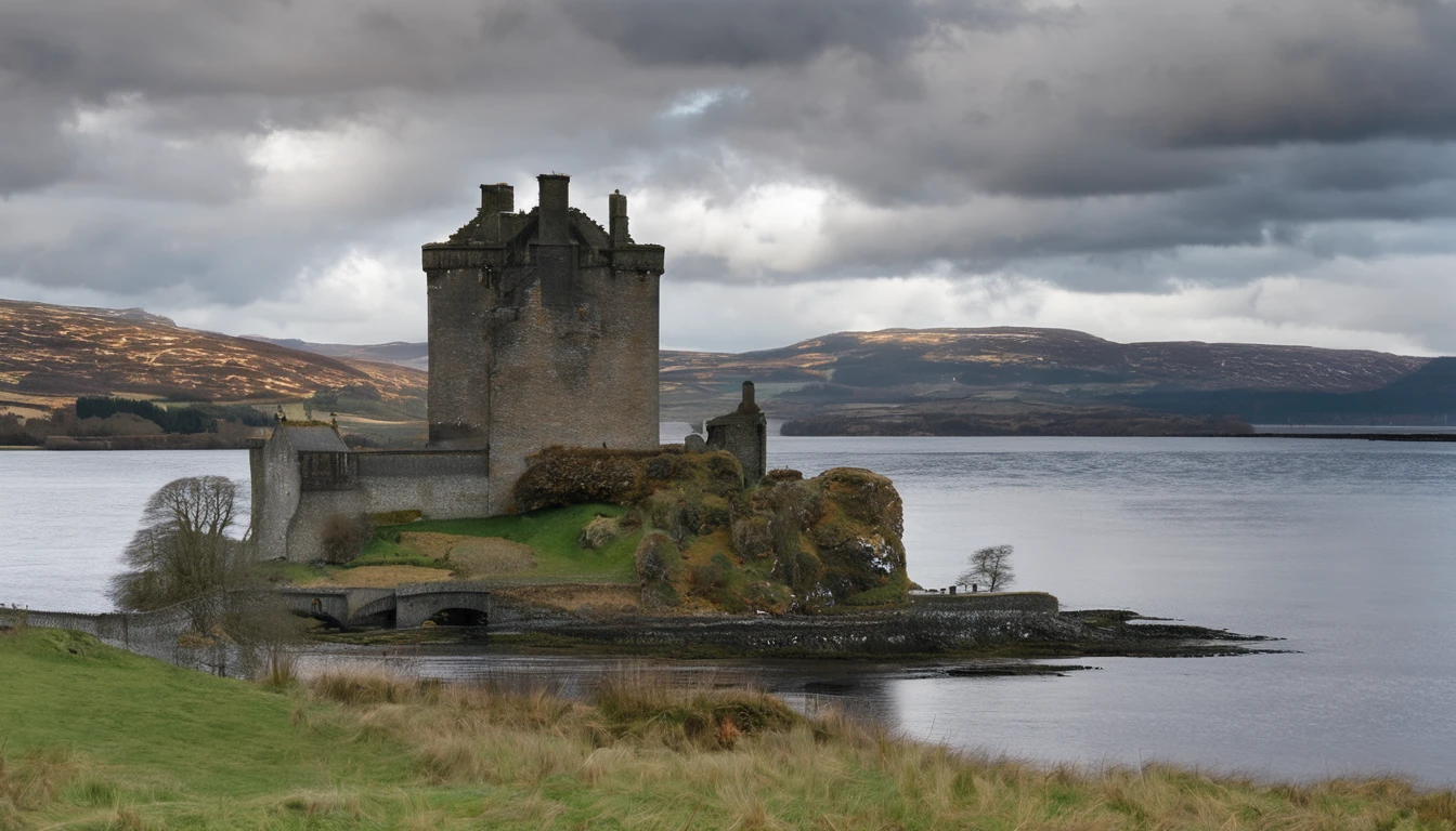 Scottish Castles Photography,outdoors,scenery,no humans,tree,cloud,sky,grass,landscape,ocean,day,horizon,nature,mountain,<lora:Scottish Castles Photography:0.9>,, masterpiece, best quality,