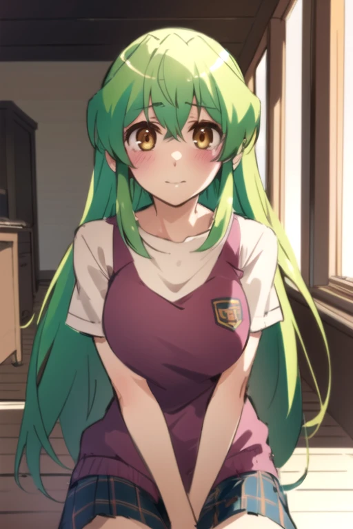 hot, sexy, half naked, bright green hair, (masterpiece:1.1, best quality, highly detailed), pov, 1girl, sitting, natsumi normal, ON BED, television, bright, ((cum all over))