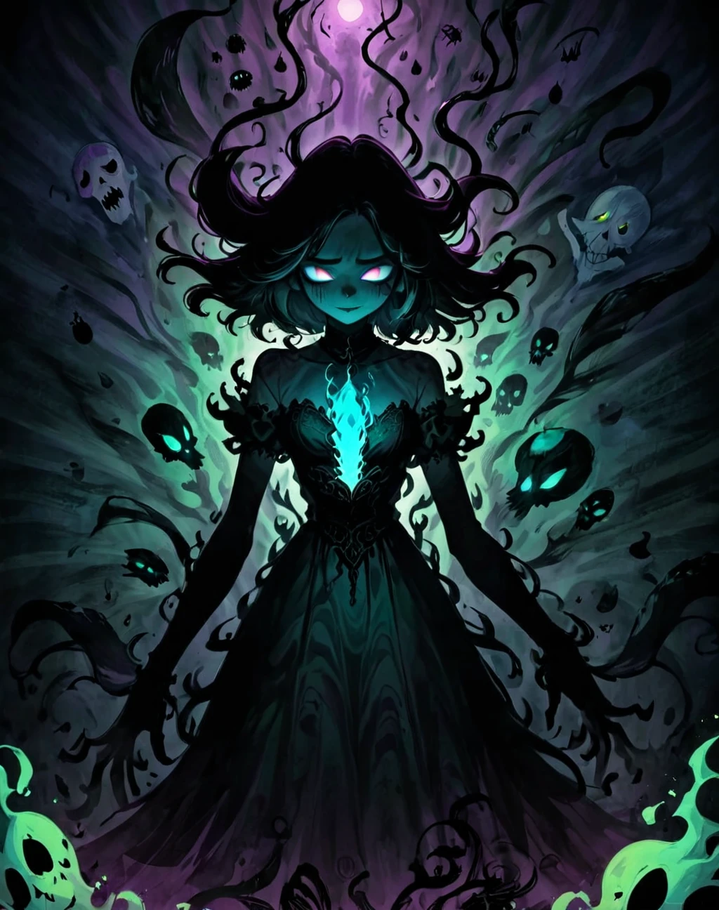 upper body of dark goddess, ((silhouette)), (((dark background))), beautiful scary goddess of night, nyx, dynamic pose, horror, dramatic shadows, dark fantasy