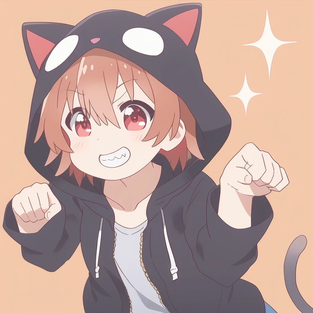 1girl, watahinata, grin,
hoodie, black hoodie, cat hood,
paw pose,
simple background, sparkle
<lora:Wataten_Hinata-xl-v030:1>