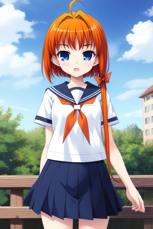 <lora:Hongou_Ai:0.8>, HongouAi, 1girl, soro, blue_eyes, orange_hair, ahoge, hair_ribbon, hair_bow, cowboy_Shot, sky, ground,ãonesideburns,
school uniform, serafuku,
masterpiece, high quality, very_high_resolution, large_filesize, full color,