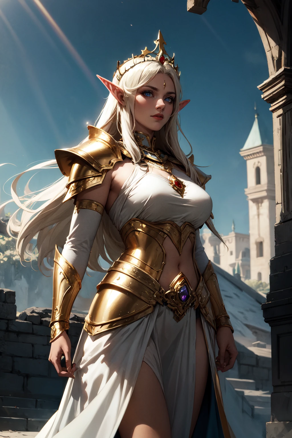 absurdres, fantasy, bright scene, volumetric light, contrast, celestial light, elven princess, gold ceremonial armor, crown