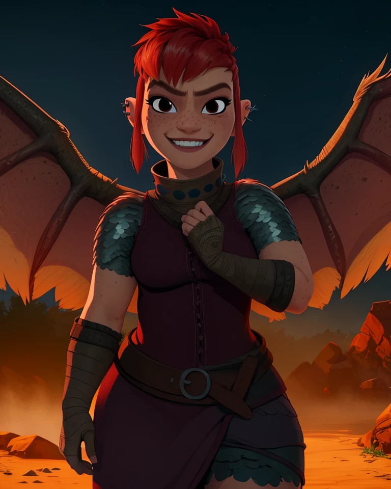 <lora:sakuemonq-000011:1>, score_9, score_8_up, score_7_up, 1girl, karlachbg3, demon girl, colored skin, slit pupils, tattoo, scars, muscular, toned, eyes closed, crop top, black pants, torn pants, forest, hands on hips, smiling, thumbs up, joyful