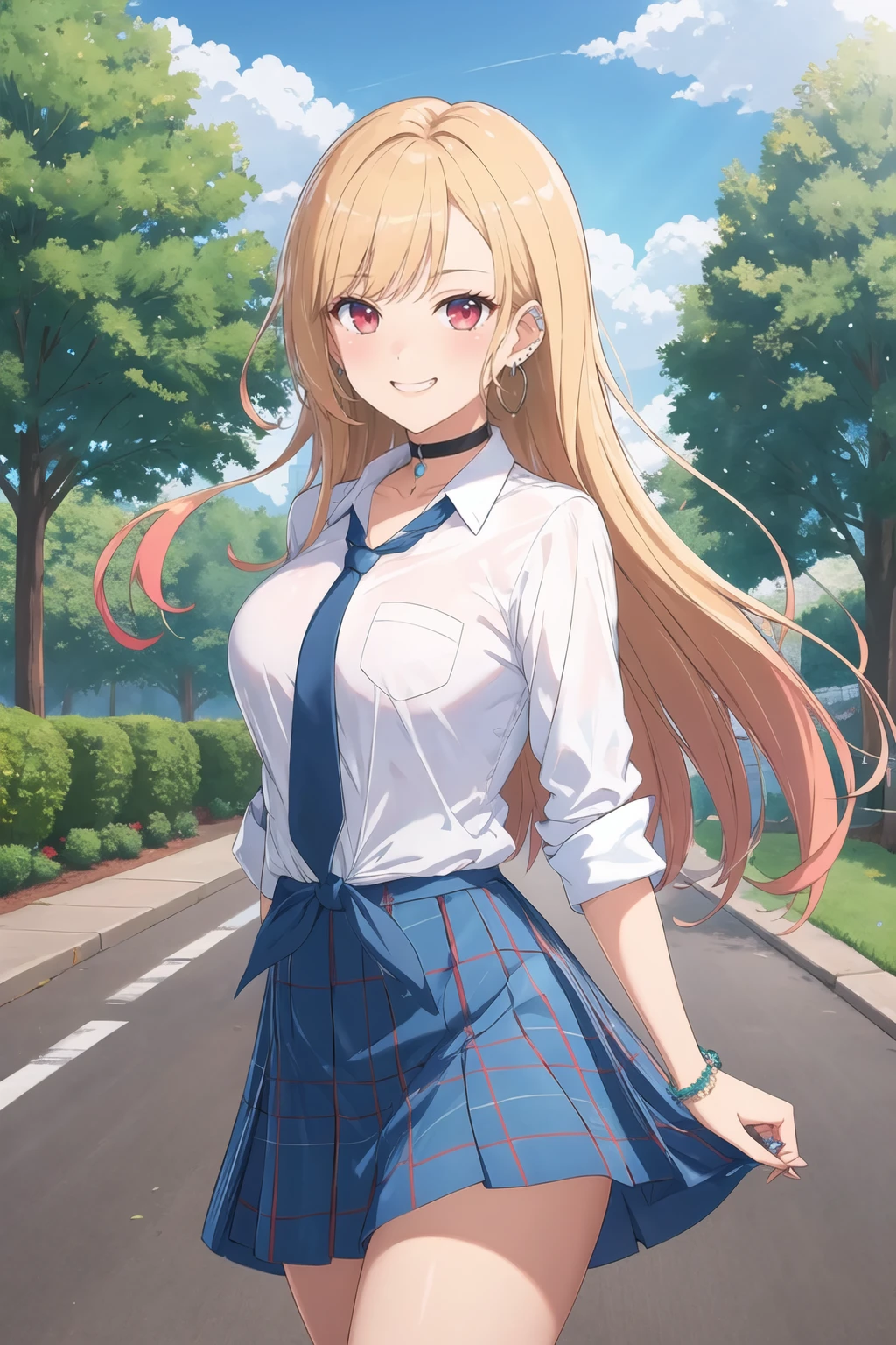 masterpiece, best quality, highres, kitagawa marin, 1girl, blonde hair, long hair, multicolored hair, red eyes, jewelry, earrings, piercing, school uniform, white shirt, tied shirt, black choker, blue necktie, plaid skirt, <lora:kitagawa_marin_v1-1:0.7>, grin, smile, standing, cowboy shot, outdoors, blue skirt<lora:Yaegashi-Han-Style_1036864:1>