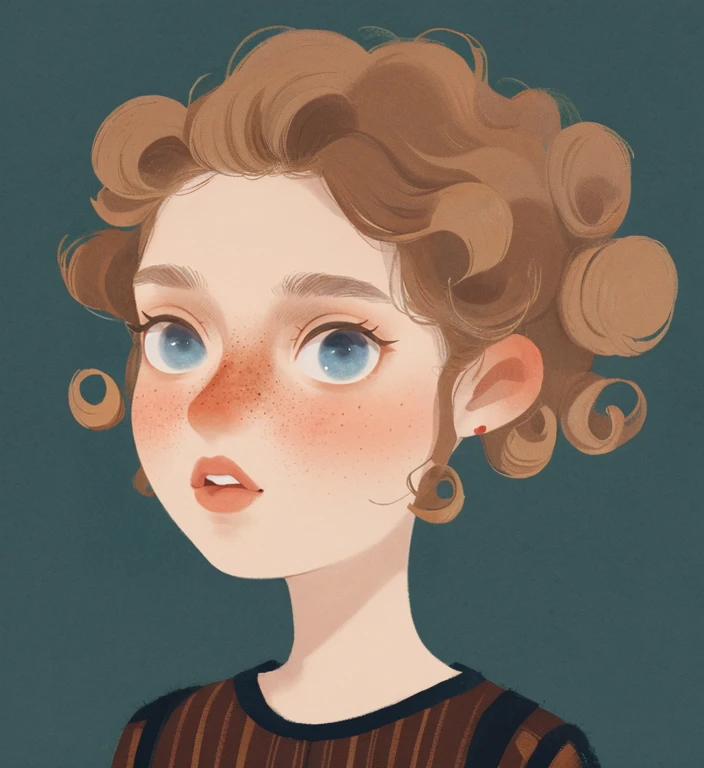 girl,  curly hair, brown hair, blue eyes, freckles, white skin, cartoon, illustration, digital art, portrait