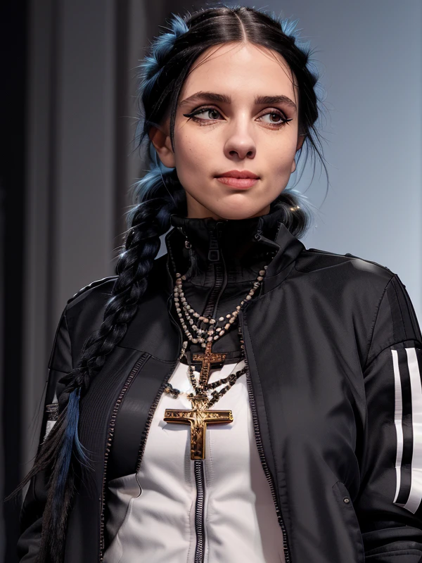 gquality, <lora:nadya:1> nadya, 1girl, solo, black hair, jewelry, closed mouth, jacket, upper body, braid, necklace, twin braids, black jacket, blurry background, turtleneck, zipper, realistic, pearl necklace, cross necklace, adidas, blue hair, two-tone hair, eyeliner