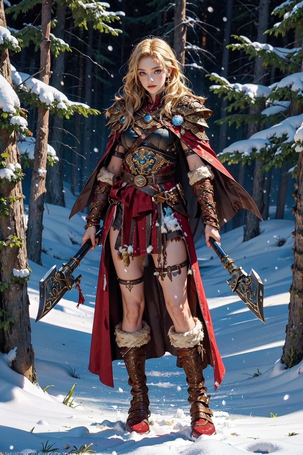 (masterpiece:1.2, best quality), (photorealistic:1.2, intricate details), Viking_dual_V1, viking, solo, standing, 1girl, ((full body)), ((holding axe, dual wielding)), armor, boots, fur trim, shoulder armor, belt, pauldrons, cape, scar, tattoo, leg tatto, facial tattoo, blush, huge tits, (Northern European forests background, snow) <lora:Viking_dual_V1-15:0.45>