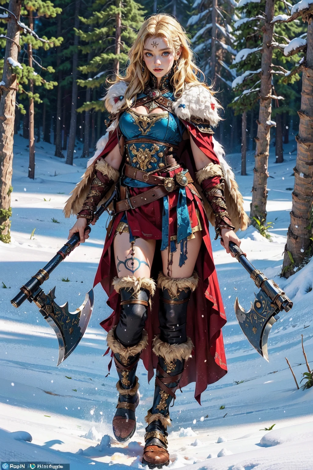 (masterpiece:1.2, best quality), (photorealistic:1.2, intricate details), Viking_dual_V1, viking, solo, standing, 1girl, ((full body)), ((holding axe, dual wielding)), armor, boots, fur trim, shoulder armor, belt, pauldrons, cape, scar, tattoo, leg tatto, facial tattoo, blush, huge tits, (Northern European forests background, snow) <lora:Viking_dual_V1-15:0.45>