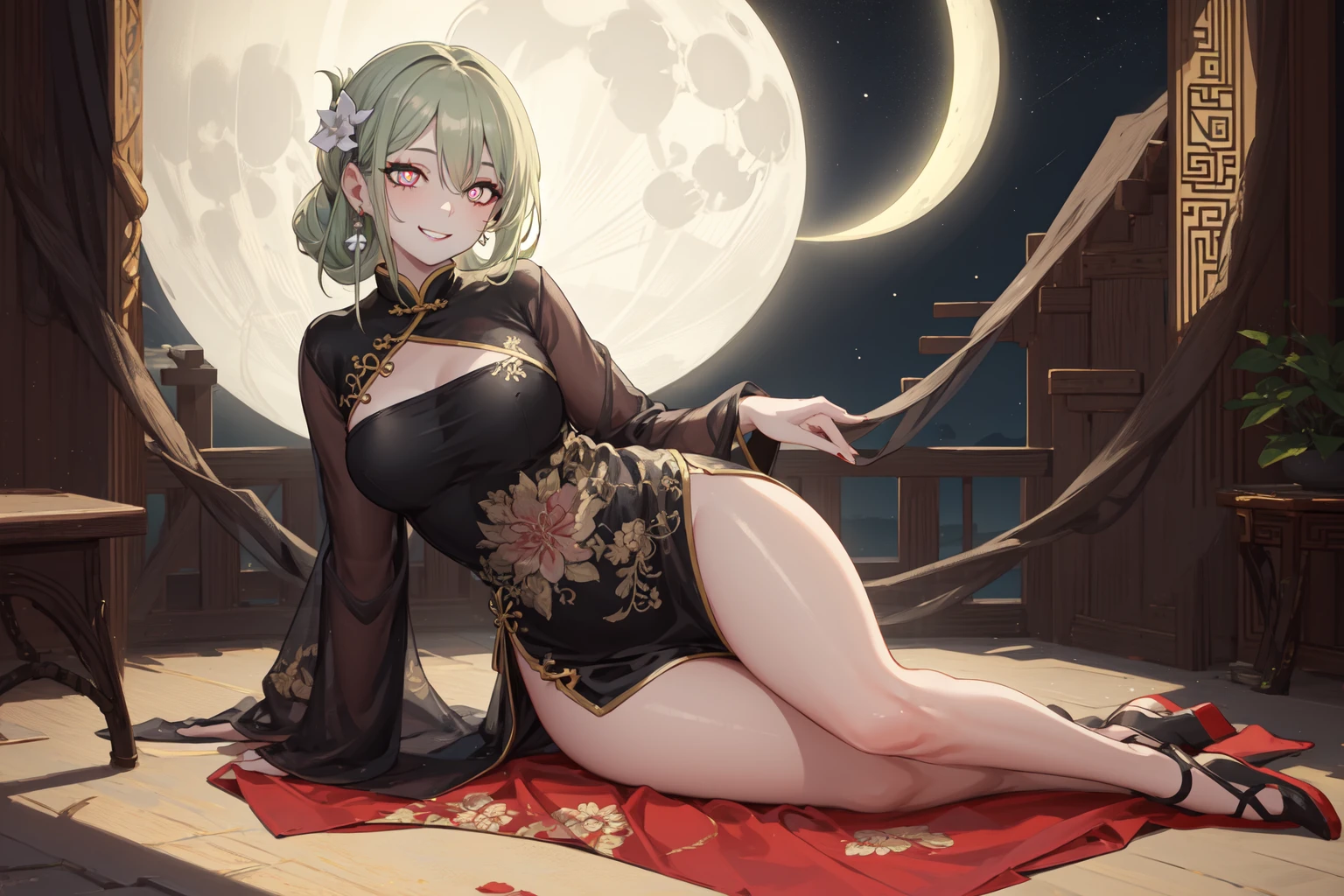 best quality, masterpiece,1girl,x-shaped pupils, shiny skin, chinese clothes,smile, on side,night, moon,full body,