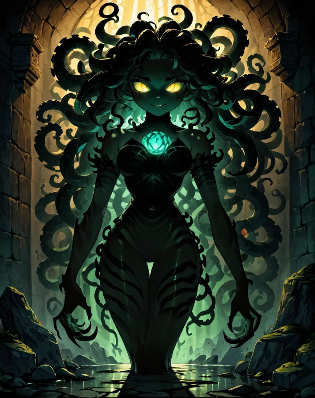 fantasy art <lora:Shadow_Style_XL:0.8> shadow, 8K, HD, gloomy colors, dark aura, horror, cartoon style, flat, stone gorgon