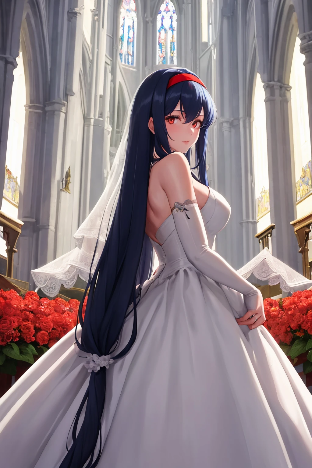 masterpiece, best quality, 1girl, solo, <lora:anastasiavaleria-wa-richy-v1:1> anastasia, red hairband, hair tubes, sidelocks, low-tied long hair, very long hair, wedding dress, bridal gauntlets, lace, looking at viewer, cathedral, flower, flowers