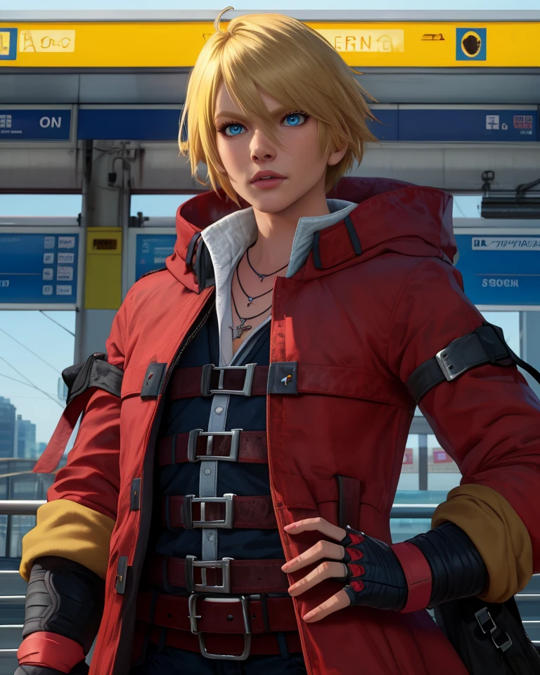 Leo,blonde hair,short hair,blue eyes,
red coat,belts,flat chest,
standing,necklace,fingerless gloves,upper body,
train station,
(insanely detailed, masterpiece, best quality),solo,<lora:LeoT8-11v10v2:0.7>,