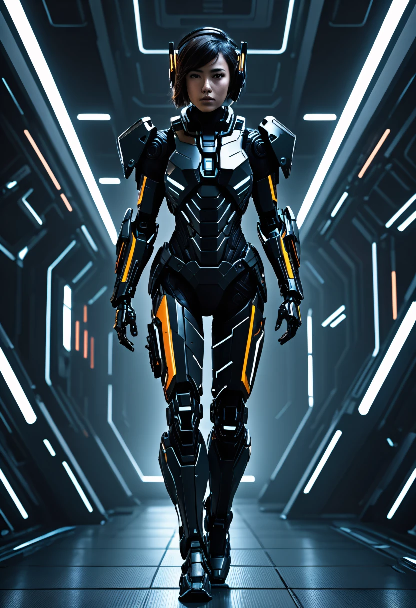 sci-fi style a girl in the dark, mecha, sci-fi armor, black matte angular armor, Bladerunner 2049, against a dark scifi background, rim lighting . futuristic, technological, alien worlds, space themes, advanced civilizations