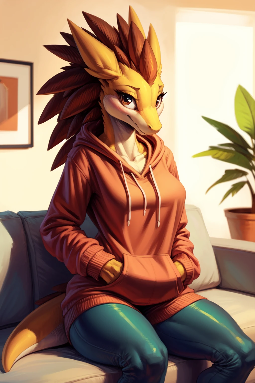 uploaded on e621, explicit content, crisp image, sharp focus, clean lines, cutesexyrobutts, hioshiru, cooliehigh, female, sandslash, (living room setting), three quarter portrait, sitting on couch, (leggings, baggy hoodie, oversized hoodie), hands in pockets, leaning back, looking at viewer
<lora:Sandslash:1>