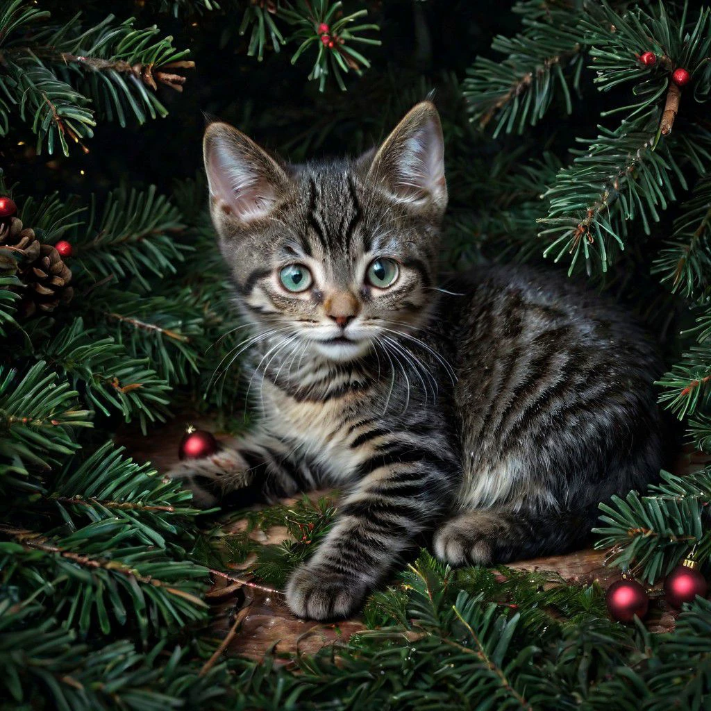 8k, masterpiece, ultra high resolution canon 5d photo of kitten jussi_kitten lies under christmas tree in dark winter forest , high detailed fur, focus on face