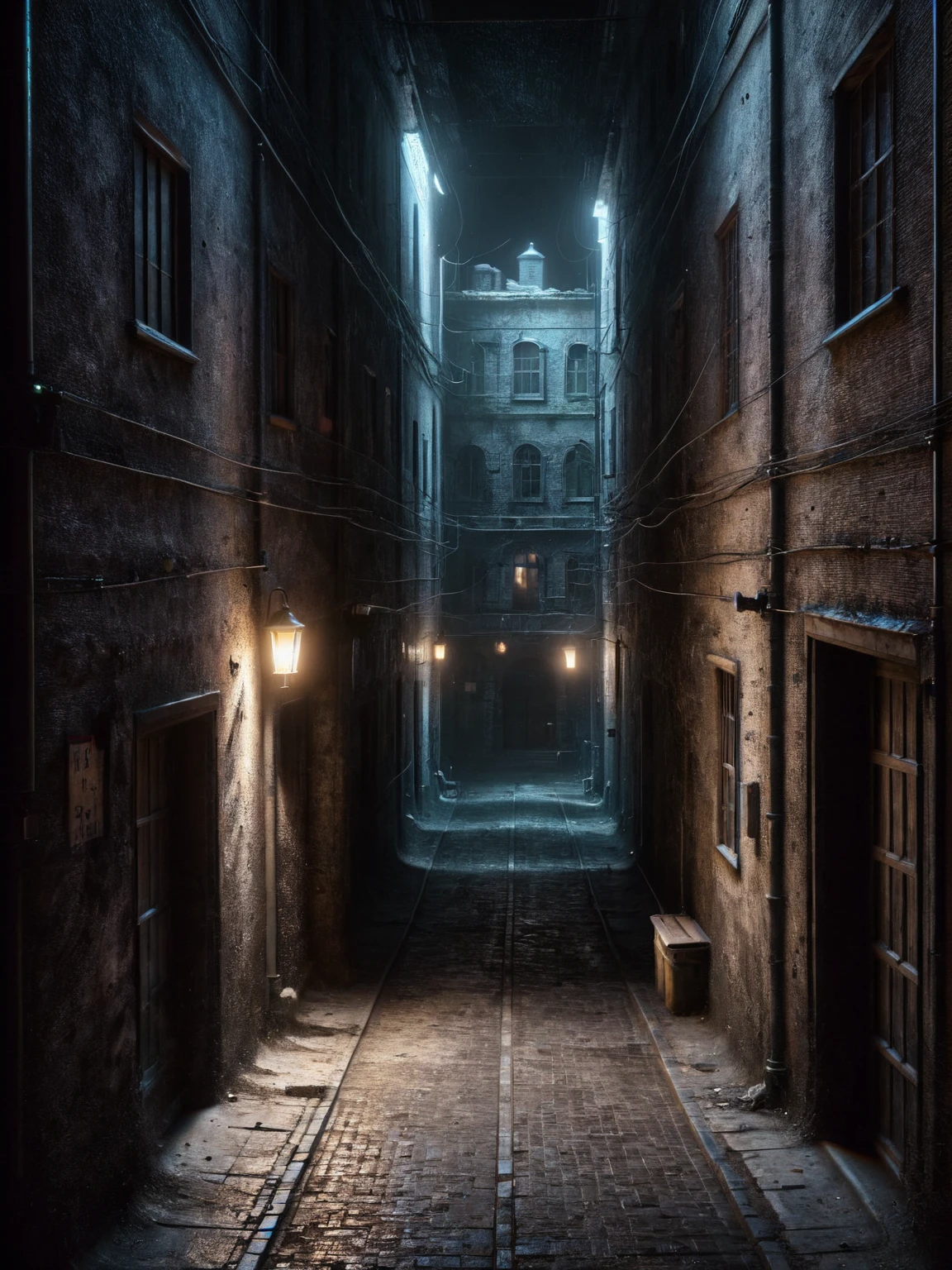 A shadowy alleyway in an old city at night, with ais-darkpartz drifting between the buildings, hinting at unseen mysteries. <lora:Dark_Particles_Style_SDXL:1>