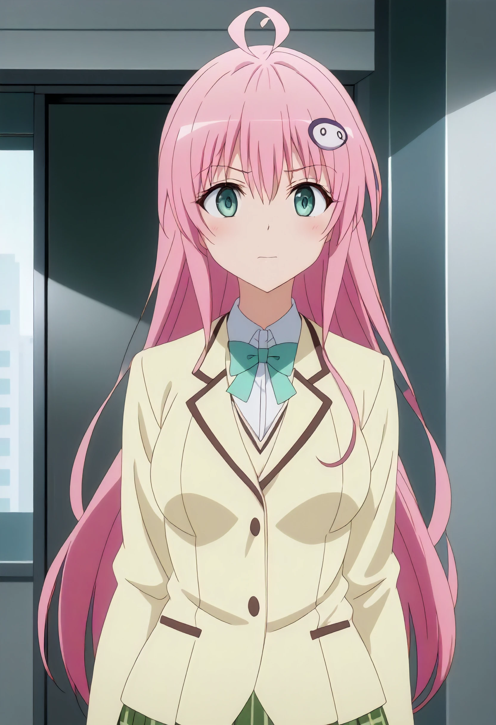 masterpiece, anime screenshot, 1girl, solo, laladeviluke, school uniform, pink hair, green eyes