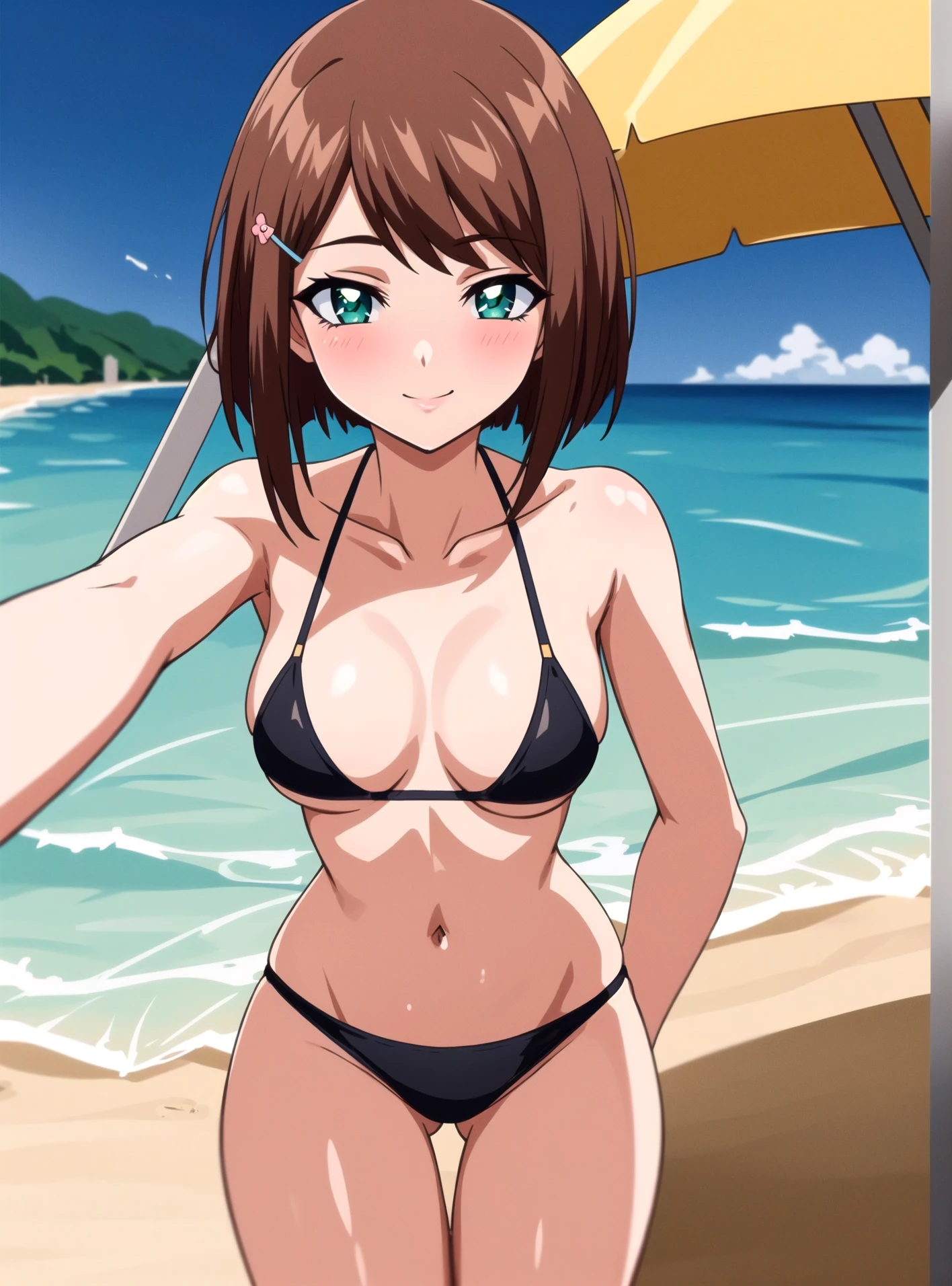 ((masterpiece)), ((best quality)), (ultra-detailed), ((extremely detailed)), 4K, (8K), best quality, (beautiful), (focus on upper body1.2), a cute girl, 1girl, solo, ((beautiful eyes))0, blush, (((Wearing white bikini with a shell on her chest))), on the beach,