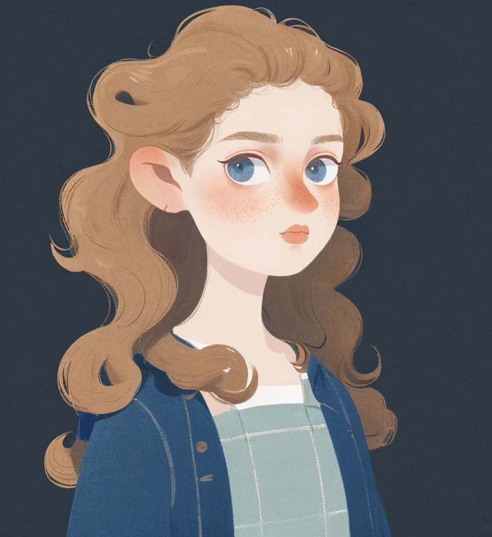 girl,  curly hair, brown hair, blue eyes, freckles, white skin, cartoon, illustration, digital art, portrait