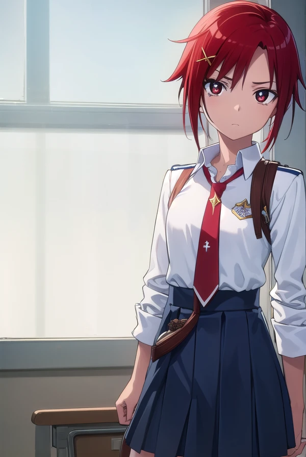 akanehino, <lora:akane hino s1-lora-nochekaiser:1>,
akane hino, short hair, hair ornament, (red eyes:1.3), ponytail, red hair, hair clip, x hair ornament,
BREAK skirt, school uniform, necktie, sweater, sleeves rolled up, clothes around waist, sweater around waist, nanairogaoka middle school uniform,
BREAK indoors, classroom, school,
BREAK looking at viewer, (cowboy shot:1.5),
BREAK <lyco:GoodHands-beta2:1>, (masterpiece:1.2), best quality, high resolution, unity 8k wallpaper, (illustration:0.8), (beautiful detailed eyes:1.6), extremely detailed face, perfect lighting, extremely detailed CG, (perfect hands, perfect anatomy),