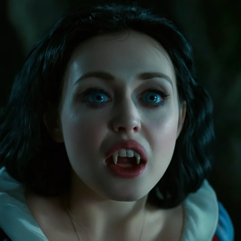 cinematic film still of Snow White a closeup horny woman with a vampire teeth and a surprised look on her face In 1500s 15th Century, dark night, white pale skin, reflective eyes, shallow depth of field, vignette, highly detailed, high budget, bokeh, cinemascope, moody, epic, gorgeous, film grain, grainy