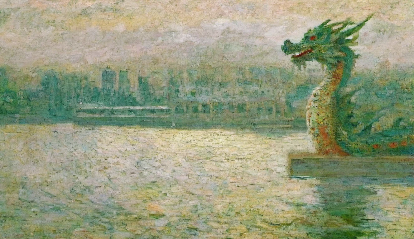 impressionism  of (Koi fish surrounding a dragon with ( friendly expression:1.2)), full body, open mouth,  (flying over the urban landscape:1.2),  (solo:1.1),
splashing water droplets, cloud,
(Oriental flat decor style:1.2),  oil painting, colorful decorations,
BREAK, Fisheye Lens Effectï¼
<lora:dragon-000006:0.7>,<lora:Impressionism-000004:0.6>