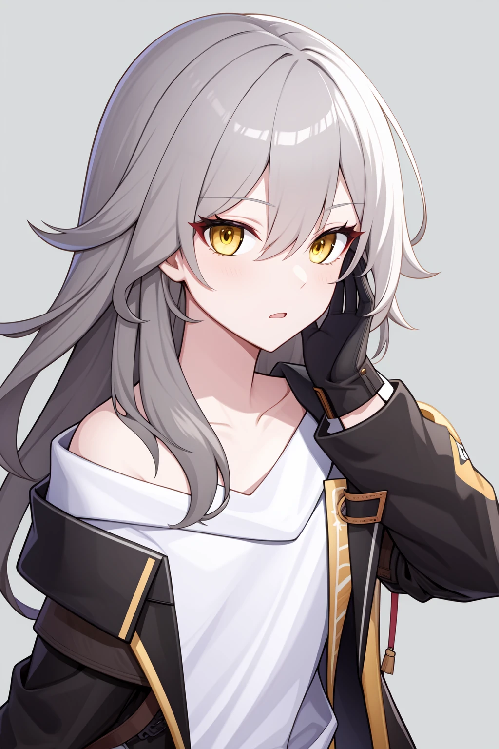<lora:æ:0.8:lbw=char>,xing,yellow eyes,long hair,bangs,grey hair,jacket,shirt,white shirt,black jacket,gloves,hair between eyes,black gloves,open clothes,open jacket,collarbone,off shoulder,, 1girl,
, (masterpiece,best quality:1.2),absurdres
