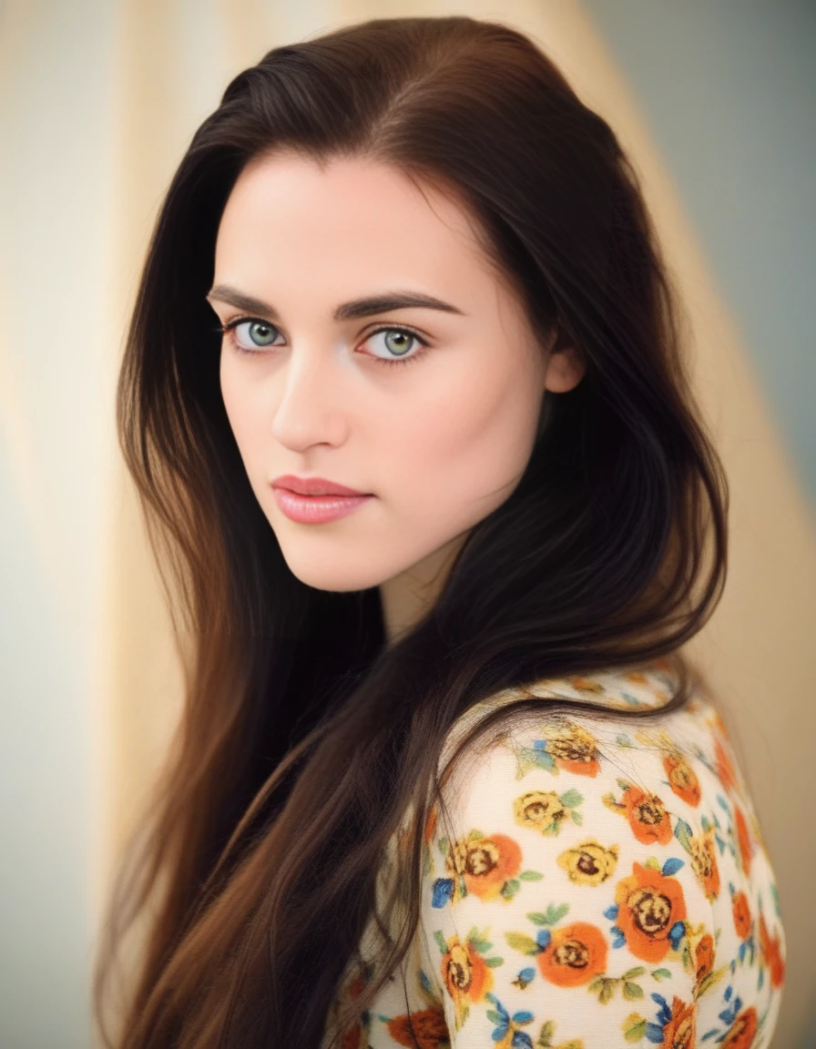 KatieMcgrath,<lora:KatieMcgrathSDXL:1>,A portrait of a woman with a natural and approachable look. Her long hair should have a blend of blonde highlights and brown tones, falling loosely around her shoulders. Her facial features include full lips, a straight nose, and large, almond-shaped eyes, all set in soft, luminous skin with a light blush on her cheeks. She should wear a patterned garment with a floral or paisley design in orange, blue, and beige. The lighting should be soft, creating gentle shadows that accentuate her features.