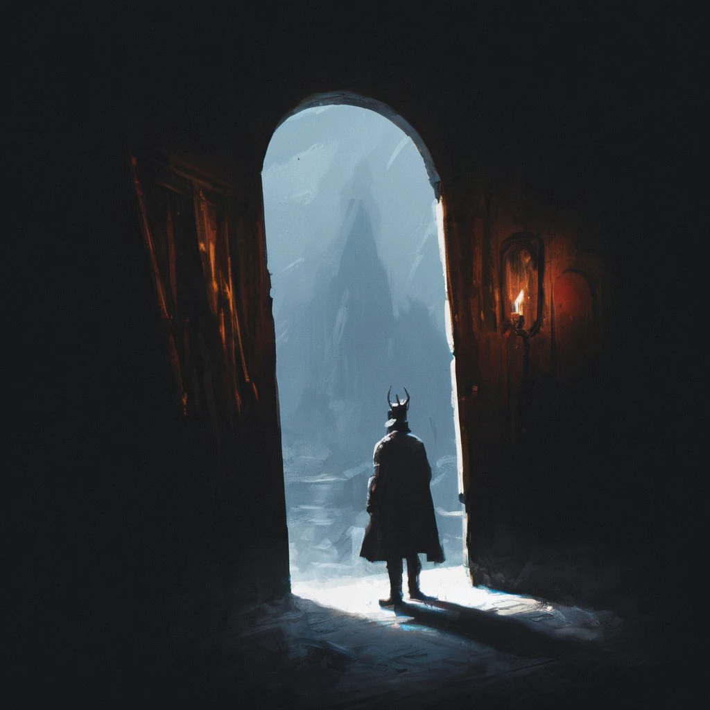 a painting of a person standing in a dark room with a large mirror in the background , trending on art station, a digital painting, fantasy art <lora:Milde_style_art:1>