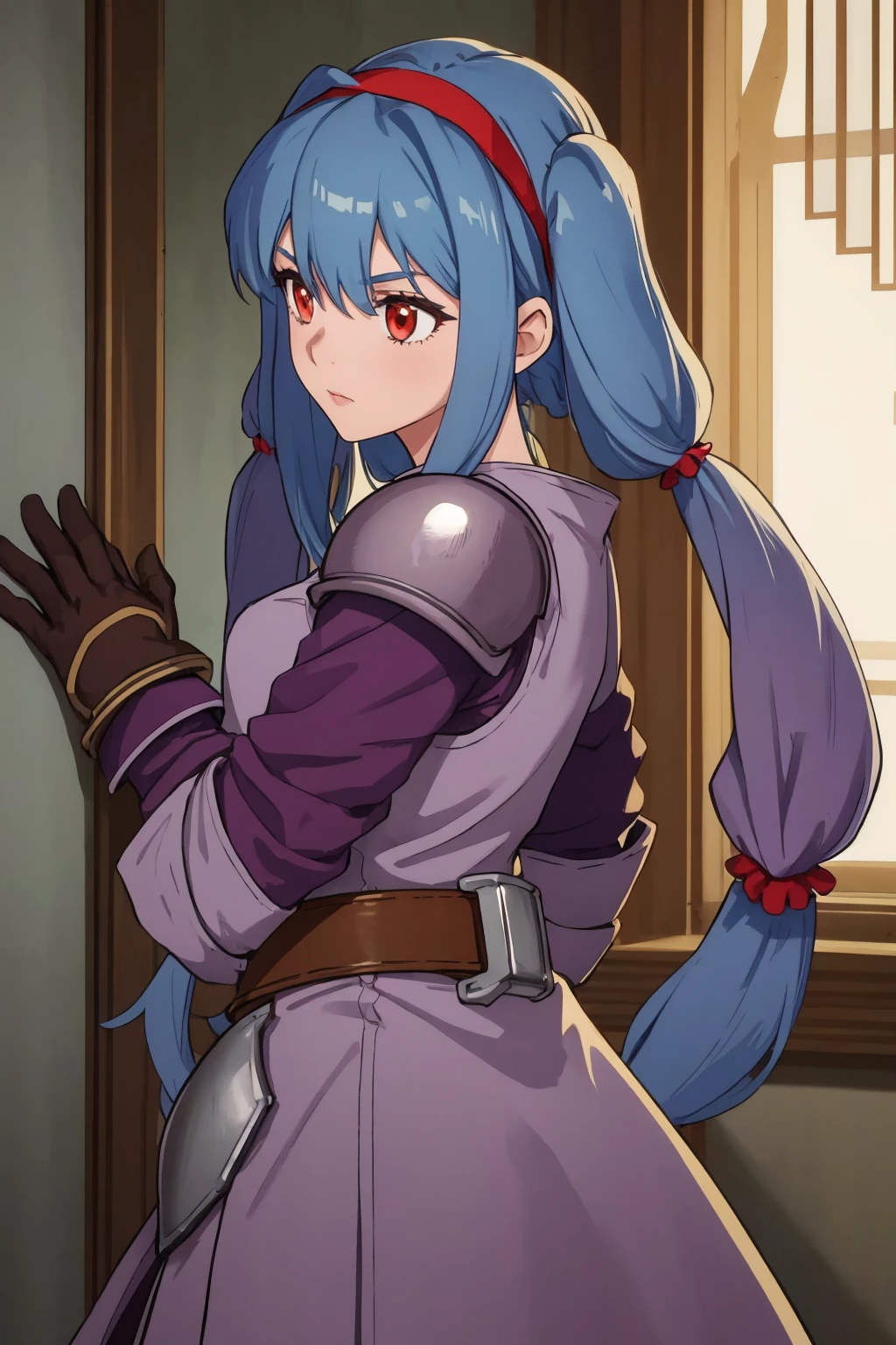 masterpiece, best quality, 1girl, solo, <lora:anastasiavaleria-wa-richy-v1:1> anastasia, red hairband, twintails, sidelocks, armored dress, gloves, belt, hair tubes