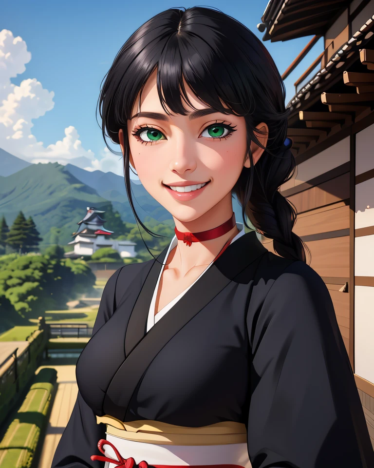nemu,black hair,bangs,single braid,green eyes,
black kimono,gloves,red choker,
smile,
standing,upper body,
edo japan,outdoors,
(insanely detailed, masterpiece, best quality),<lora:NemuKurotsuchi:0.8>,