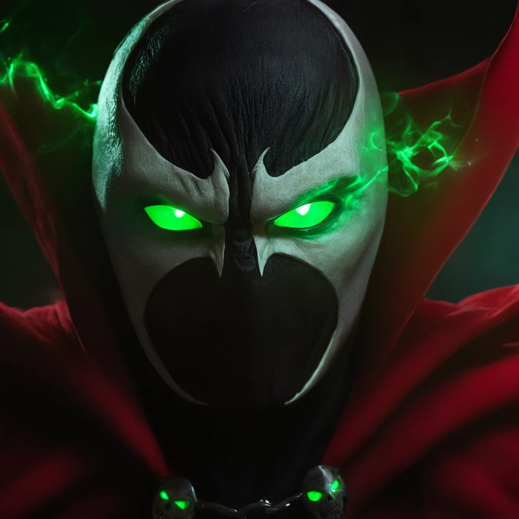 cinematic film still of <lora:Spawn v2:1>
living symbiotic costume, red cape, mask, green eyes, glowing eyes, creature, Spawn a close up of a person with a demonic face,solo,looking at viewer,1boy,green eyes,male focus,mask,glowing,glowing eyes,skull,realistic, shallow depth of field, vignette, highly detailed, high budget, bokeh, cinemascope, moody, epic, gorgeous, film grain, grainy