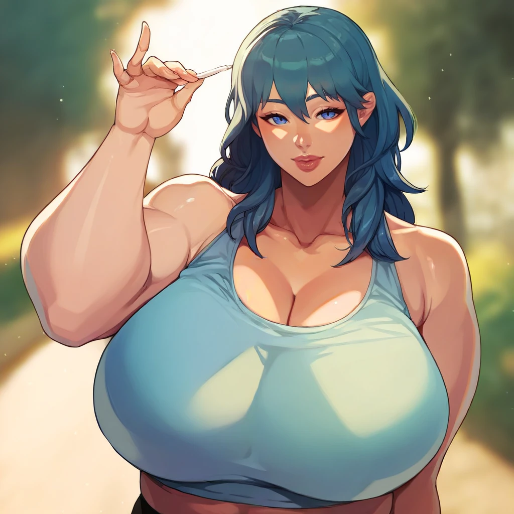score_9, score_8_up, score_7_up, score_6_up, score_5_up, score_4_up, BREAK source_anime,rating_explicit,a girl,woohyoot ,
,(portrait,byleth \(fire emblem\) \(female\),  ),solo,dark blue hair, blue eyes, 
,lips, thick lips,plump, midriff, 
,curvy,huge breasts, 
, long hair,bangs,
,happy,looking at viewer,facing viewer,outdoors,
<lora:DonaughtX2Lora-000105:1>