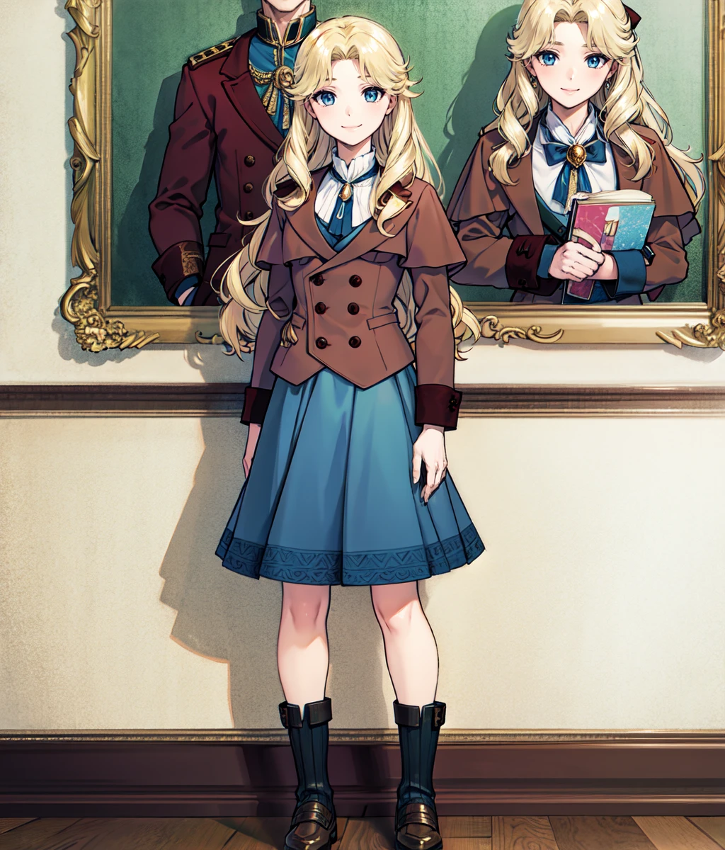 masterpiece, high res, detailed face, detailed eyes, anime screencap, 1 girl, smile, blonde, long hair, blue eyes, brown jacket, blue skirt, standing, royal throne, indoors, full body, mansion, <lora:Julie:1>