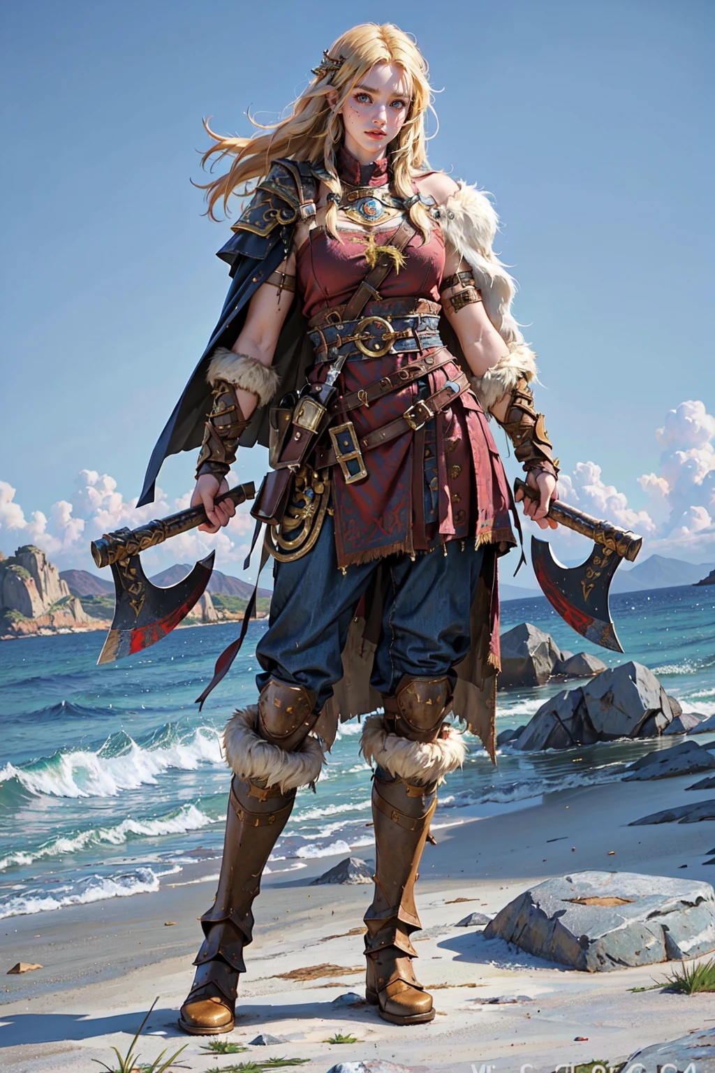 (masterpiece:1.2, best quality), (photorealistic:1.2), Viking_dual_V1, viking, solo, standing, 1girl, looking at viewer, ((full body)), (holding axe, dual wielding), armor, boots, fur trim, shoulder armor, belt, pants, pauldrons, cape, scar, tattoo, facial tattoo <lora:Viking_dual_V2:0.45>