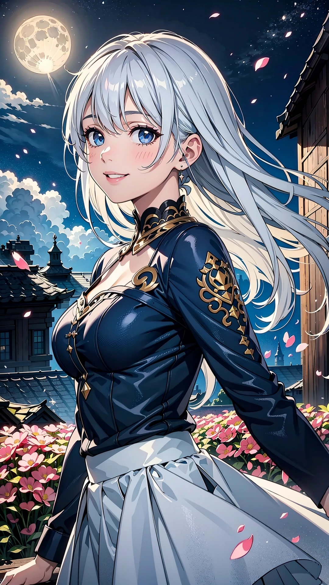 masterpiece, best quality,
1girl, (colorful),(finely detailed beautiful eyes and detailed face),cinematic lighting,bust shot,extremely detailed CG unity 8k wallpaper,white hair,solo,smile,intricate skirt,((flying petal)),(Flowery meadow)
sky, cloudy_sky, building, moonlight, moon, night, (dark theme:1.3), light, fantasy,