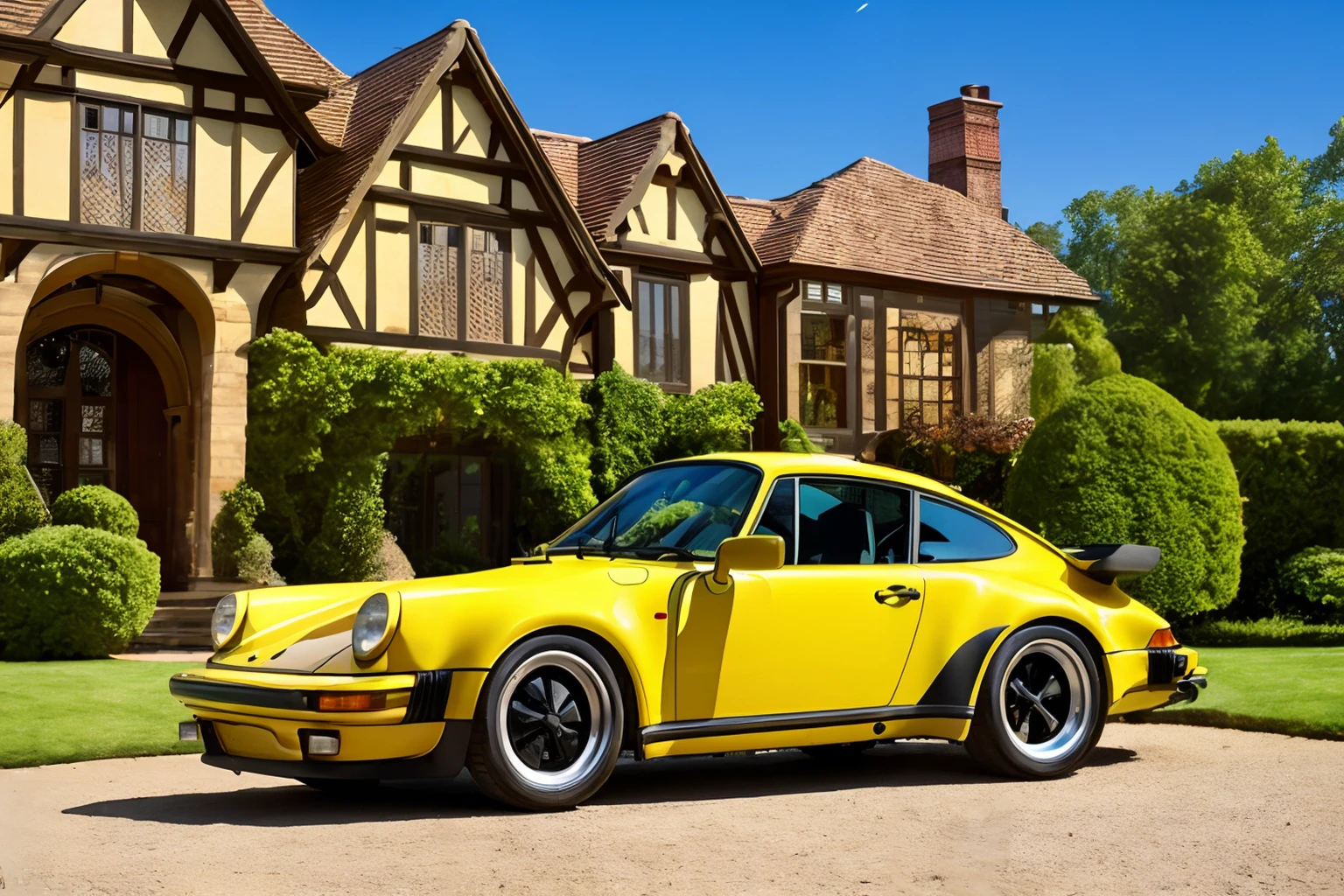 Photo of a yellow p911t, left rear quarter, parked in a driveway in front of a Tudor Revival mansion <lora:p911t:1>