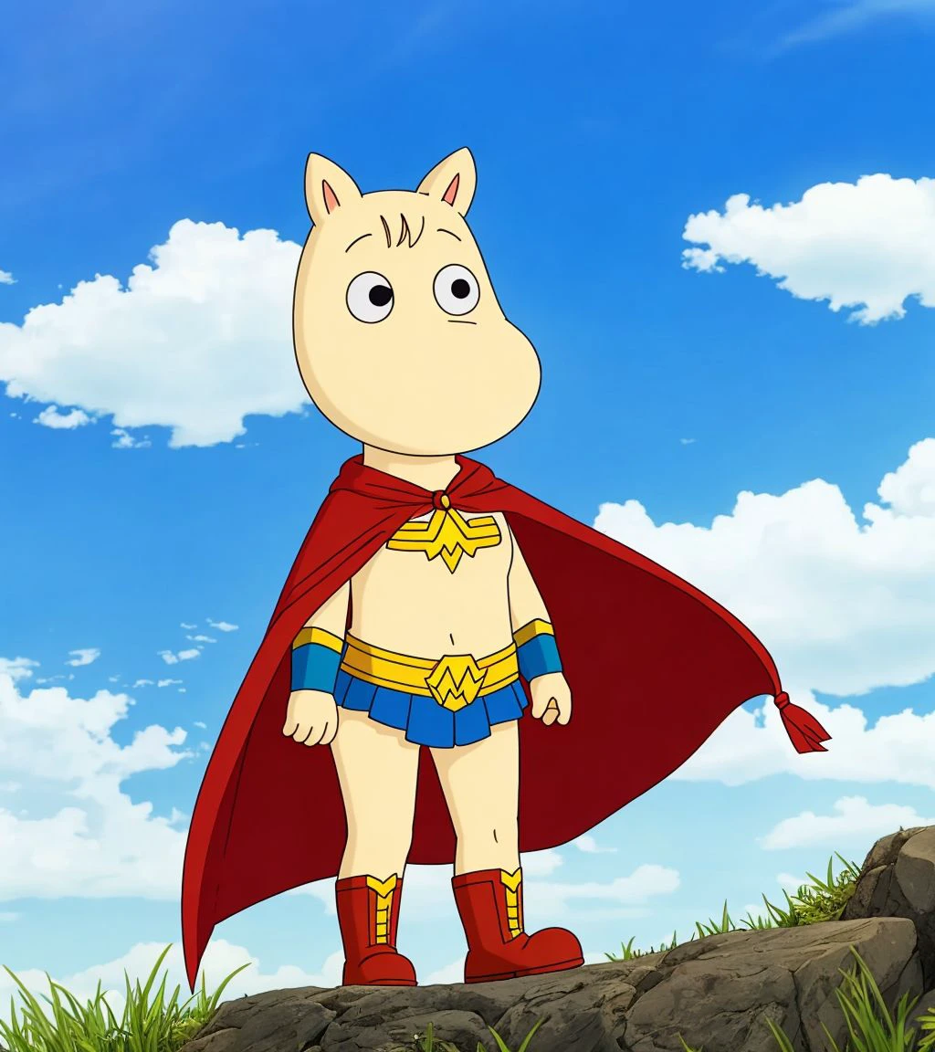 A Wonderwoman Moomin is standing in an heroic pose and her cape is flapping <lora:SD15-Moomin-LoRA:0.8>, Very detailed, clean, high quality, sharp image