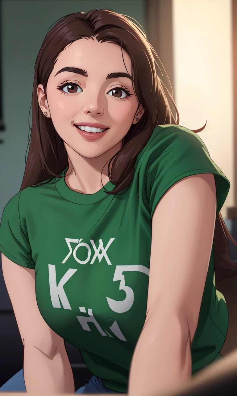 janedox2024, 1 girl, uhd, 8k, best quality, masterpiece, skin pores, detailed skin, cinematic lighting, depth of field, photorealistic, raw image, smile, brown eyes,  wearing green xbox t-shirt, 5 fingers, depth of field