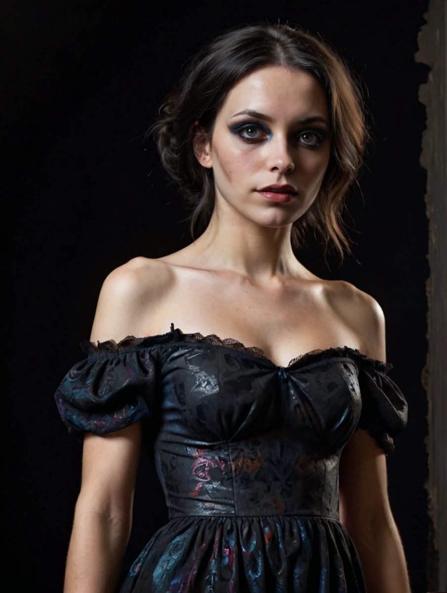 Tanya Beyer,
by Andre Derain, Leaning back with arms outstretched, looking relaxed, wearing Rayadillo bodycon peasant dress, from side, colorful eyeshadow, eyeliner, mascara, (silhouette contrast, dark palette, highly professional, dramatic lighting, extremely beautiful:1.4), (intricate details, masterpiece, best quality:1.4), Macabre style, dark, gothic, grim, haunting, highly detailed, looking at viewer, dynamic pose <lora:NicolaSamori:0.5> in the style of Nicola Samori <lora:fix_hands:2> <lora:FunkyLensXL:2> <lora:PhotoDetailXL:2> <lora:add-detail-xl:1> <lora:xl_more_art-full_v1:0.5> <lora:repair_slider:1> <lora:EnvyZoomSliderXL01:0.5> <lora:fix_hands:2>
<lora:LCMTurboMix_DPM_SDE_Karras:1.0>